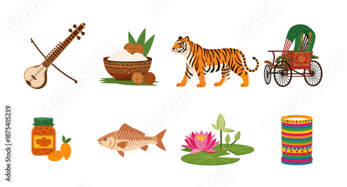 Collection of iconic symbols representing Bengali culture and heritage