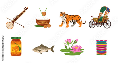 Collection of Indian cultural symbols and elements on a white background