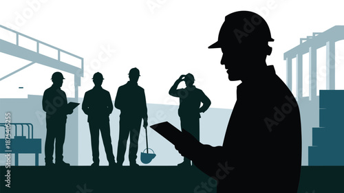 Construction workers on building site with hard hats and tools