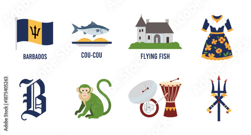 Barbados cultural symbols including flag, food, architecture, dress, and wildlife