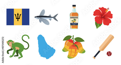Barbados national symbols and attractions collection, flat design icons