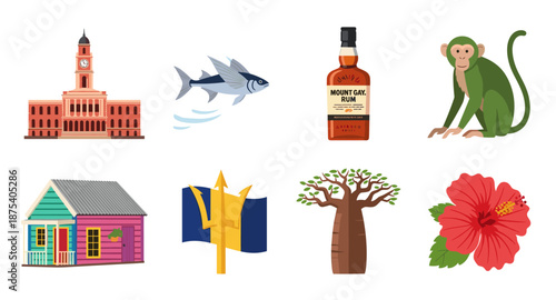 Barbados iconic symbols including buildings, nature, and rum bottle