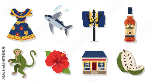 Barbados symbols collection: dress, flying fish, trident, rum, monkey, hibiscus, house, soursop