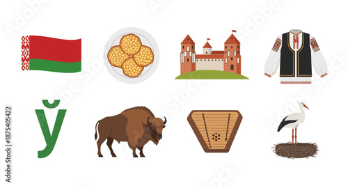 Belarusian cultural symbols including flag, bison, castle, and traditional clothing