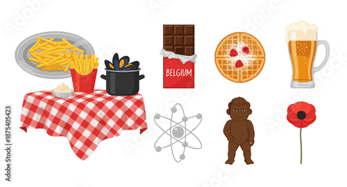 Belgian icons: mussels, fries, chocolate, waffle, beer, atom, Manneken Pis, poppy flower