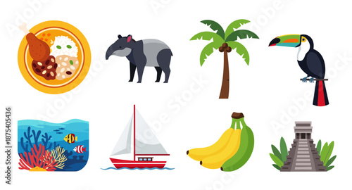 Collection of iconic elements representing tropical destinations and cultures