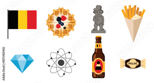 Belgian symbols including flag, waffle, fries, beer, diamond, and praline