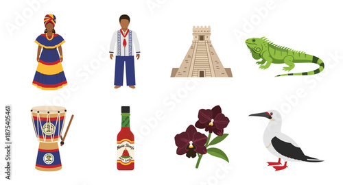 Belize cultural symbols and wildlife illustration collection