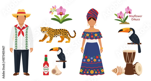 Traditional Colombian cultural elements and wildlife illustration