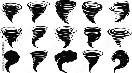Multiple black stylized tornado and whirlwind icons isolated on a clean white background