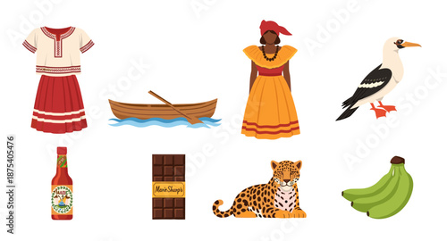 Belize cultural symbols and wildlife illustration featuring traditional clothing and local products