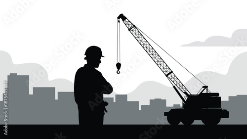 Construction worker standing beside crane at urban building site