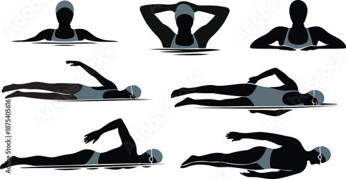 Silhouettes of swimmers in various styles and positions on a plain white background