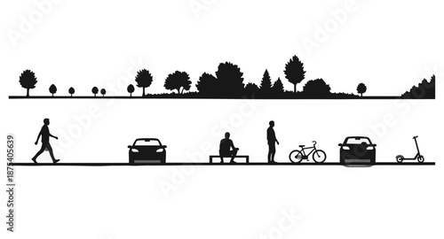 Diverse urban transportation and recreation silhouettes against a natural landscape background