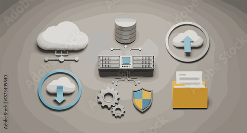 Cloud computing network infrastructure with data storage, security, and file management icons