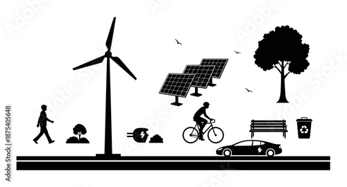 Sustainable city life with renewable energy, electric car, and green transportation