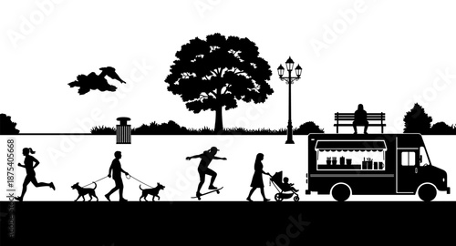 Diverse silhouettes of people enjoying a park with a food truck and recreational activities