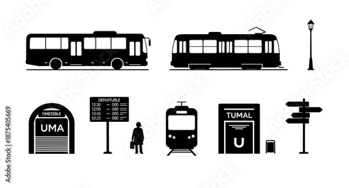 Collection of public transport icons including bus, tram, and station elements