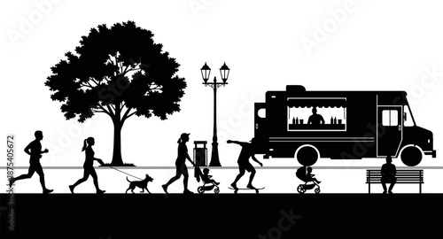 Diverse people enjoying a sunny day in the park with a food truck and recreational activities