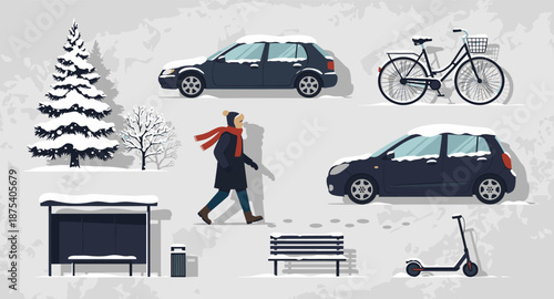 Winter street scene with snow-covered vehicles, person walking, and trees