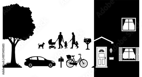 Silhouette scene of suburban life with family, pets, car, bicycle, and house