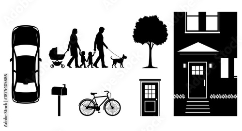 Collection of black silhouettes representing everyday life elements and suburban scenes