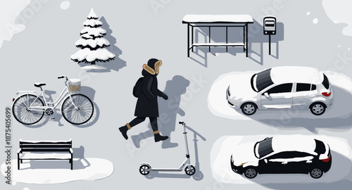 Winter scene with person walking, bicycle, scooter, cars, and bus stop covered in snow