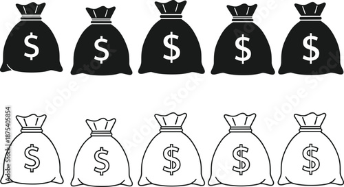 Money bag icons vector illustration, financial savings concept, wealth accumulation design, budget planning graphics, filled and outlined dollar sign symbols, economy investment art