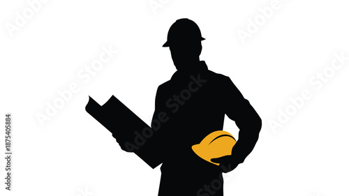 Confident construction worker holding blueprints and hard hat
