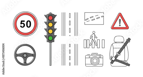 Collection of traffic and driving safety icons and symbols on a white background