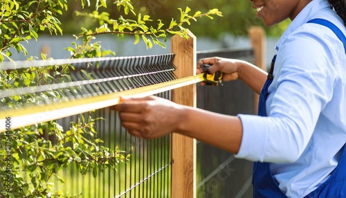 Woman Measuring Fence with Tape Measure