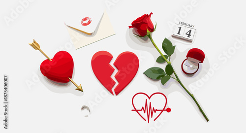 Valentine's Day symbols: broken heart, rose, engagement ring, and love letter with kiss mark