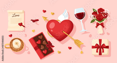 Valentine's Day romantic gifts and symbols arranged on a pink background