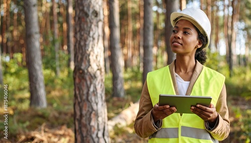 Female Forester Inspecting Trees with Tablet