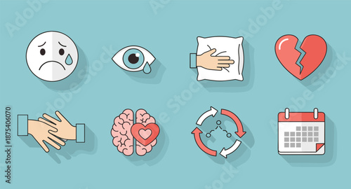 Collection of flat design icons representing emotions, relationships, and mental health concepts