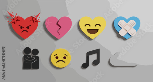 Collection of diverse emoji hearts and symbols representing emotions and relationships