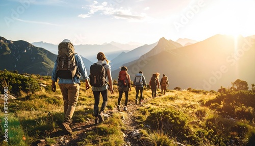 Group of friends with backpacks hiking on a mountain trail during golden hour, majestic sunset light over scenic peaks.