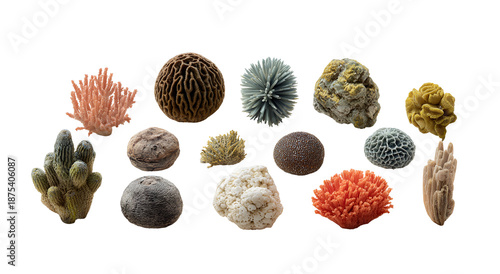 Assortment of colorful, oddly textured, rounded formations on a stark black background