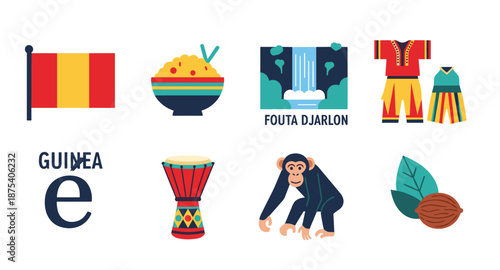 Collection of icons representing Guinea's culture, nature, and wildlife