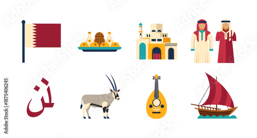 Collection of Qatar national symbols and cultural icons in flat design style