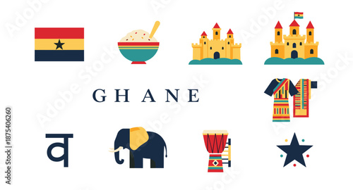 Ghanaian cultural symbols and landmarks in a flat design illustration