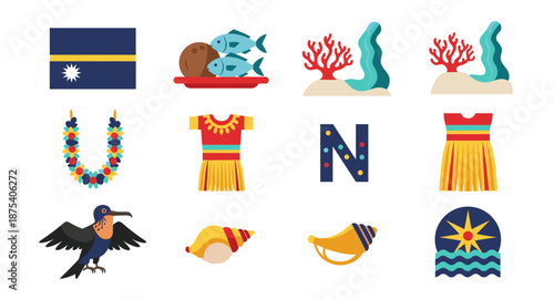 Nauru cultural symbols and icons collection, flat design vector illustration