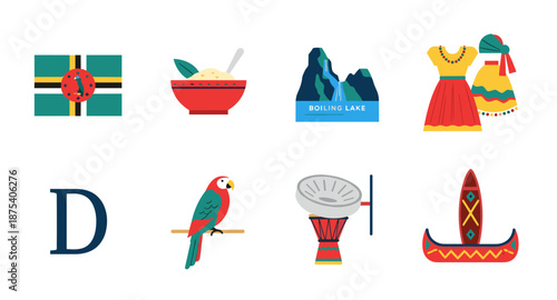 Dominica culture and landmarks flat icons collection with national symbols and attractions