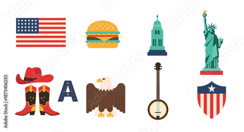 Iconic American symbols including flag, burger, Statue of Liberty, and eagle