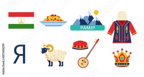 Collection of Tajik cultural symbols and landmarks, including flag and traditional clothing