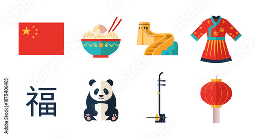 Collection of iconic Chinese cultural symbols and landmarks in a flat design style