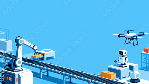 Automated factory with robots and conveyor