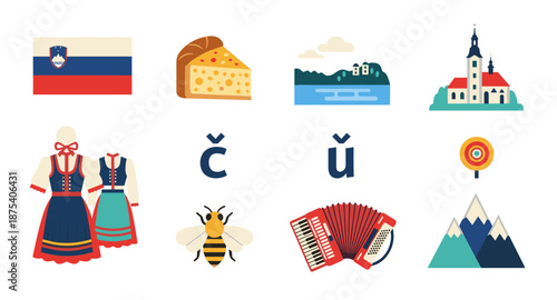 Slovenian cultural symbols and landmarks in a flat design illustration