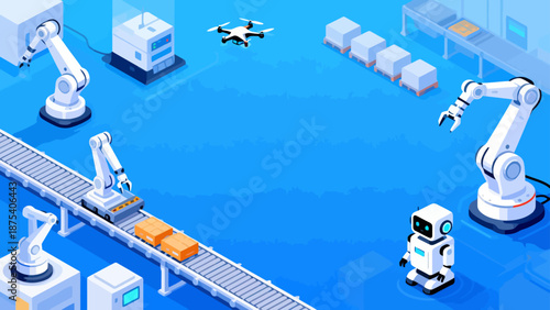 Automated factory with robots and conveyor