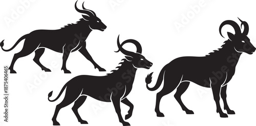Stylized antelope silhouette logo set with running and standing poses, elegant horned wild animal icons in black minimalist style for branding, wildlife, safari and nature design